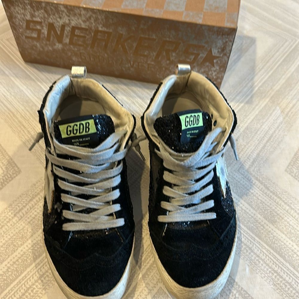 Golden Goose Mid Star Black Glitter and Silver Star Sneakers - Size 37